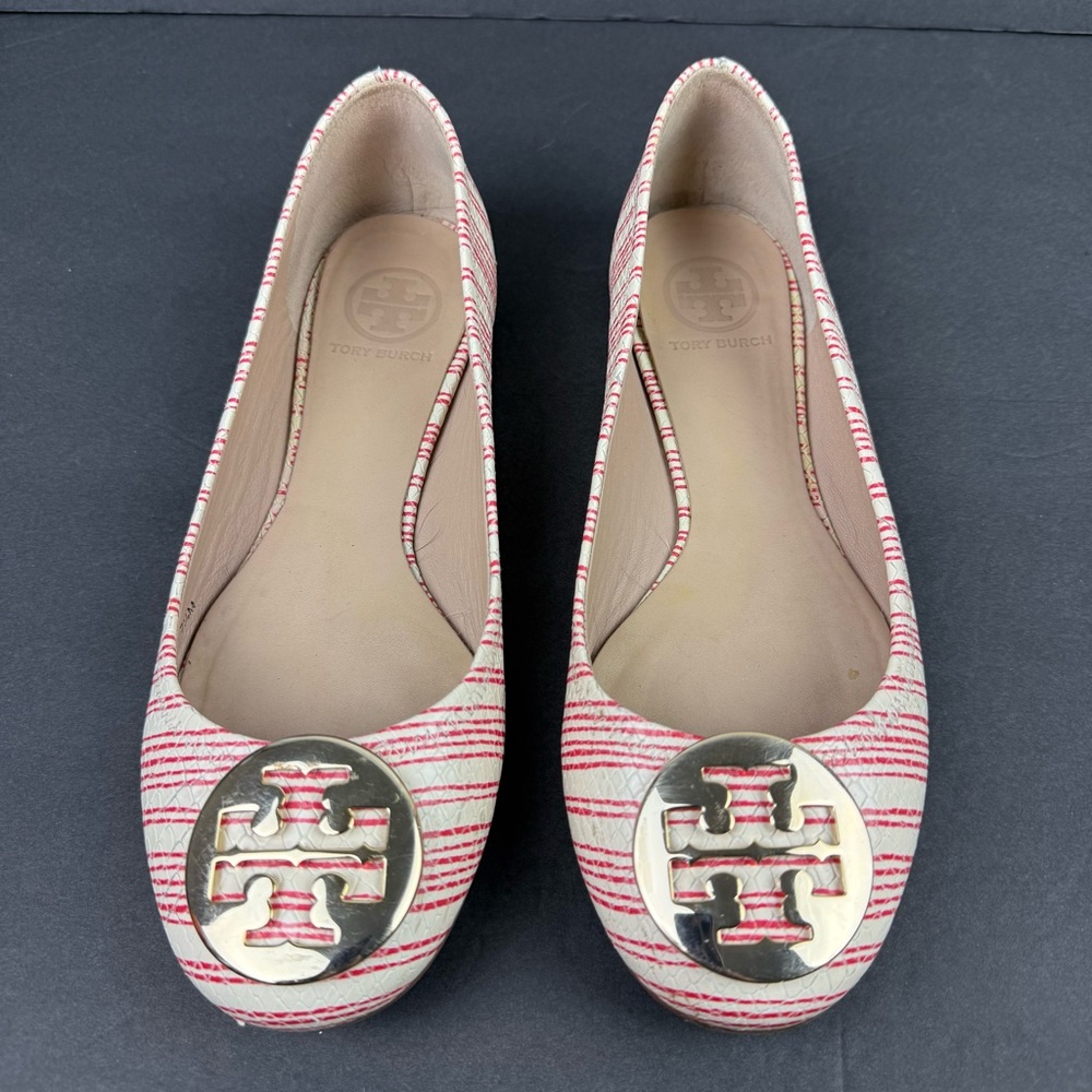 Tory Burch Reva Flats 7.5 Piano Stripe White Red Leather‎ Shoes Gold Logo Womens